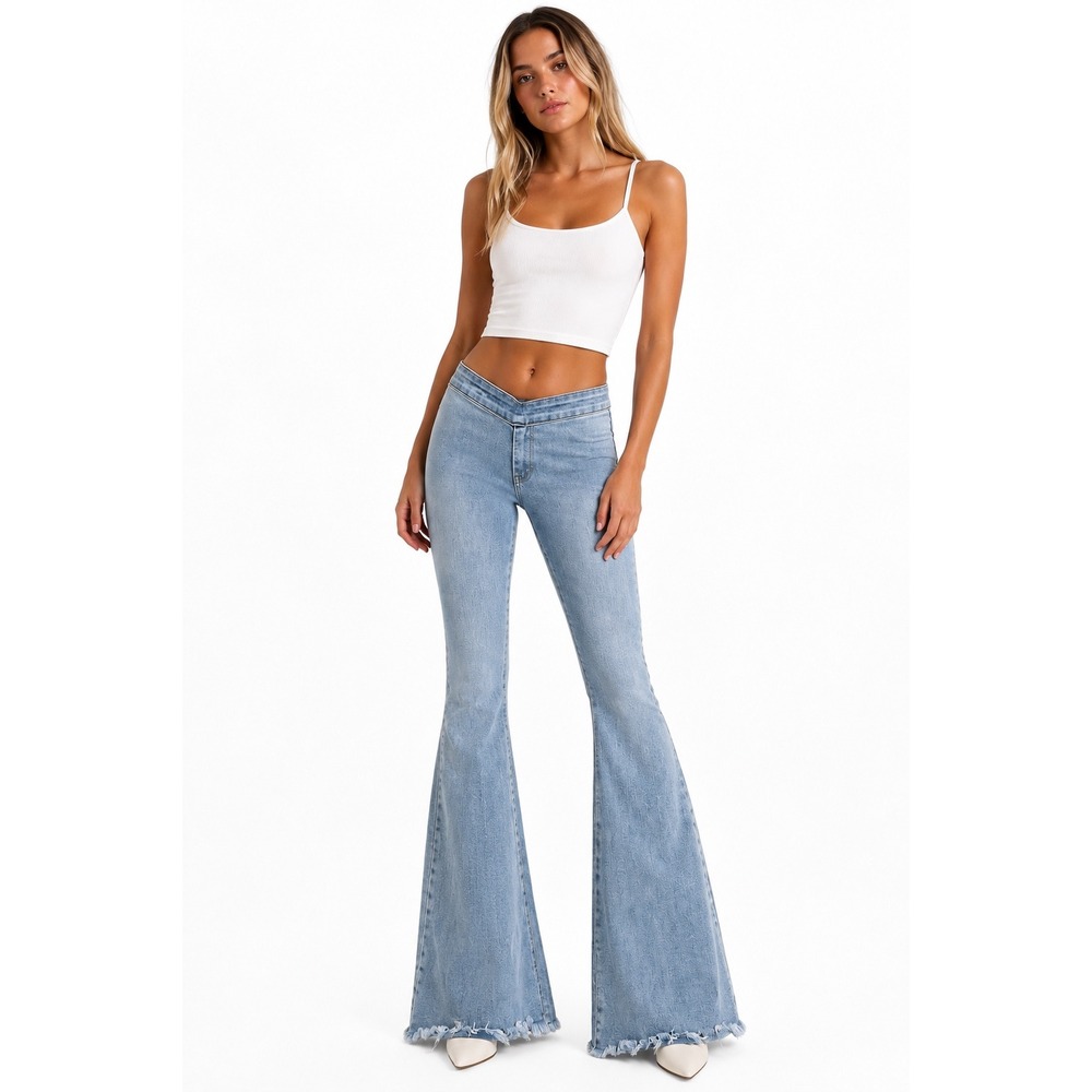 POL Flare Jeans Small Light Wash High Rise Bell Bottom Raw Hem Boho 70s Retro